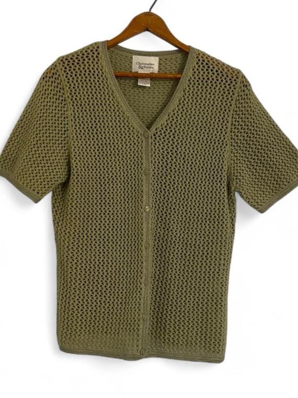 Vintage y2k Women's S Green Open Knit Mesh V-Neck Button Ramie Cotton Cardigan